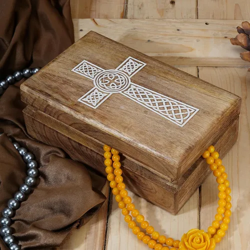 Miniatura 2 de Ajuny Caja de almacenamiento decorativa de madera tallada a mano para joyas, caja de arte, organizador de almacenamiento con diseño de cruz blanca
