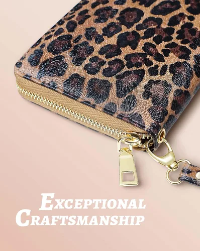 Miniatura 4 de Yarnic Cartera de leopardo para mujer con tarjetero de crédito, bolsillos para dinero, correa de pulsera, carteras con clip para monedas, monedero