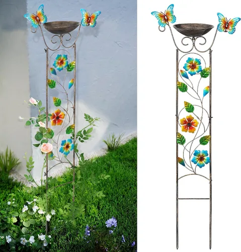 Miniatura 8 de SUNNYPARK Baño para pájaros con enrejado al aire libre, enrejado de hierro antiguo para jardín con mariposas decorativas, cuenco desmontable