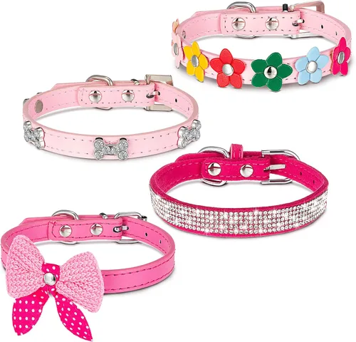4 collares de perro rosados con tachuelas y tachuelas, collar de perro con lazo de diamantes de imitación, collar de perro con diamantes de Estilo