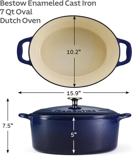 Miniatura 3 de Tramontina Bestow - Olla holandesa ovalada de hierro fundido esmaltado con tapa, grande de 7 cuartos de galón, azul