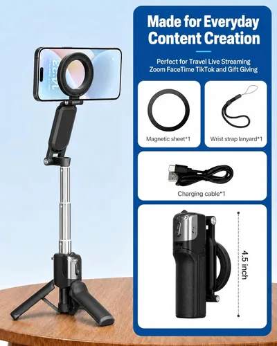 Miniatura 8 de Magnetic Mini Selfie Stick Tripod for iPhone & Android, 19" Pocket Size 4-in-1 Phone Camera Grip with Rechargeable Remote & Ergonomic Handle, for