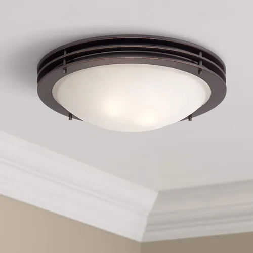 Possini Euro Design Lámpara de techo moderna de montaje empotrado de 16 pulgadas de ancho, pantalla de cuenco de vidrio blanco con 2 luces de bronce