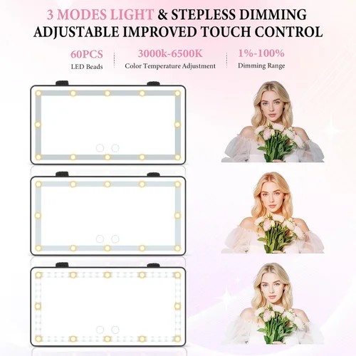 Miniatura 2 de SINGARO Espejo de tocador con visera solar para automóvil, espejo de maquillaje recargable con 60 LED, 3 modos de luz y control táctil regulable
