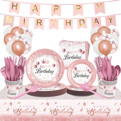 212 piezas, platos, servilletas y suministros para fiestas de cumpleaños rosa y dorado, juego desechable de vajilla para cumpleaños, juegos de
