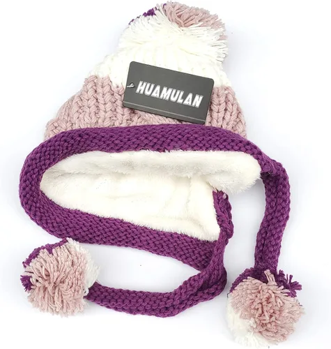 Miniatura 2 de HUAMULAN - Gorro de invierno para mujer estilo peruano con forro polar, solapas para orejas, doble capa, con pompones