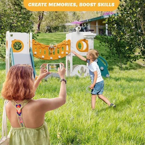 Miniatura 4 de Conjunto de juegos de parque infantil para niños pequeños con arco de escalada, juego de golf, tobogán y aro de baloncesto - Juguetes