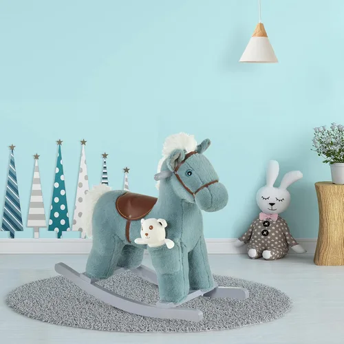 Miniatura 2 de Qaba Caballo mecedor de peluche para niños con juguete de oso, silla para niños con juguete de felpa suave y divertidos sonidos realistas, azul