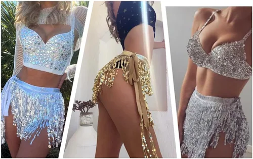 Miniatura 5 de Falda de danza del vientre con lentejuelas brillantes, bufanda bohemia con borlas para mujer, disfraz de rave