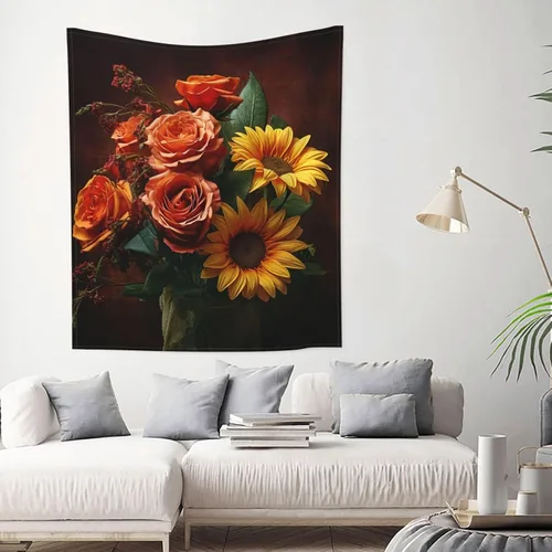 Miniatura 7 de Dwrepo Tapiz con estampado de girasoles y rosas, colorido y moderno para colgar en la pared, divertidos tapices de pared para decoración del hogar