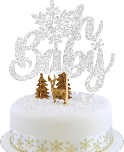 Miniatura 10 de 1 unidad de decoración de pastel de copo de nieve de "Bebé, hace frío afuera" con purpurina, decoración de pastel de baby shower de invierno