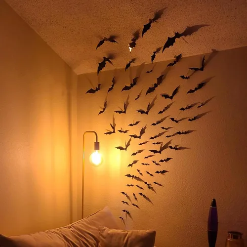 Miniatura 5 de Decoración de pared de murciélagos, 100 piezas 3D de murciélagos de Halloween, 6 tamaños diferentes de PVC negro adhesivo de murciélago