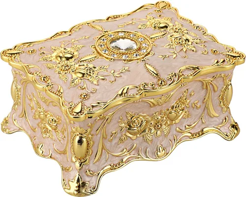 Hipiw - Caja organizadora de joyas vintage, caja de almacenamiento de metal para baratijas, caja de tesoro ornamentada, caja decorativa de joyería,