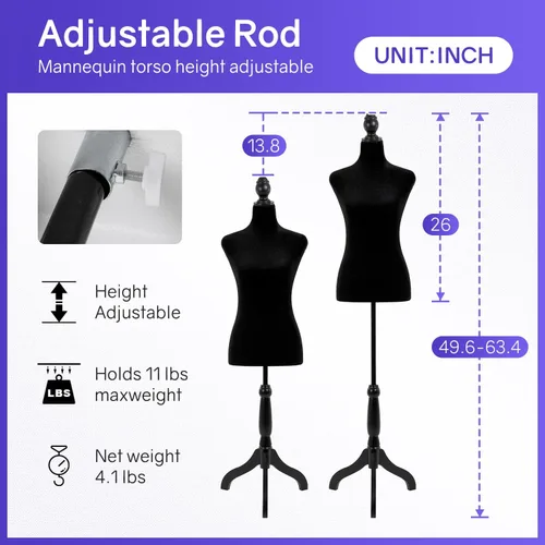 Miniatura 3 de Maniquí femenino, forma de vestido ajustable de altura de 50 a 63 pulgadas, maniquí de torso con trípode de madera para coser ropa, exhibición