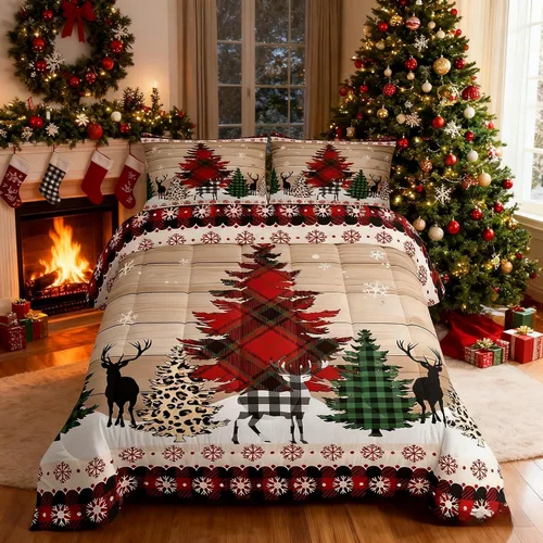 Miniatura 22 de Juego de edredón de Feliz Navidad para niños, tamaño twin, juego de ropa de cama de camión rojo árboles de pino copos de nieve, decoración