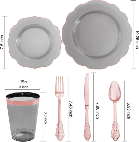 Miniatura 3 de BUCLA Platos de plástico negro transparente para 30 invitados con cubiertos y tazas de oro rosa, vajilla de plástico con borde de oro rosa ideal