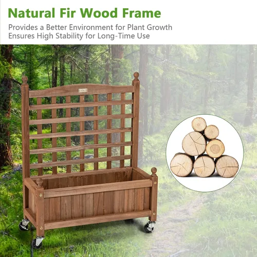 Miniatura 5 de Giantex Cama elevada móvil para plantas, maceta de madera con enrejado y ruedas, caja de flores para escalada de plantas, jardín vertical