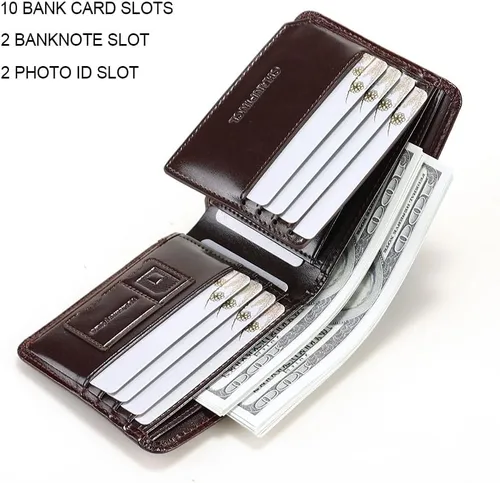 Miniatura 30 de Billetera de piel triple con bloqueo RFID para hombre con 2 ventanas de identificación, 2 compartimentos para efectivo, 6-8 ranuras para tarjetas