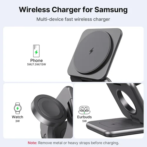 Miniatura 6 de KU XIU Cargador inalámbrico para Samsung, estación de carga inalámbrica plegable de aleación de zinc 3 en 1 para Samsung Galaxy S25 Ultra S24 S23
