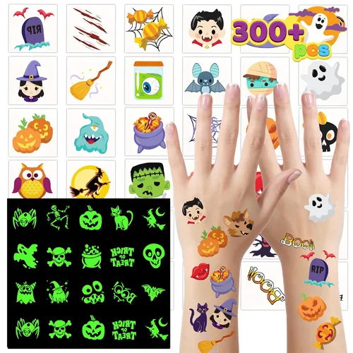Miniatura 9 de JOYIN 306 tatuajes de Halloween para niños, tatuajes temporales brillantes en varios diseños a granel para niños, regalos de dulce o truco