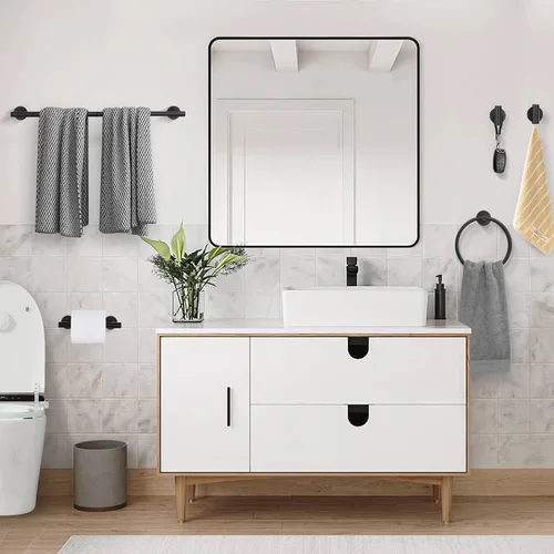 Miniatura 7 de Juego de 5 accesorios de baño negro mate, juego de toallero de 23.6 pulgadas, soporte de papel higiénico de acero inoxidable, toalleros redondos