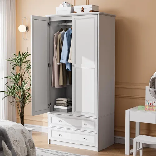 Miniatura 2 de VINGLI Armario con puertas y cajones, Armario de ratán con barra para colgar, Armario de ratán con estantes y puertas, Armario de madera para colgar