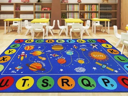 Miniatura 9 de Capslpad Alfombra de aula con sistema solar, 6.6 x 9.8 pies, antideslizante, con alfabeto ABC, alfombra para niños, alfombra educativa de área