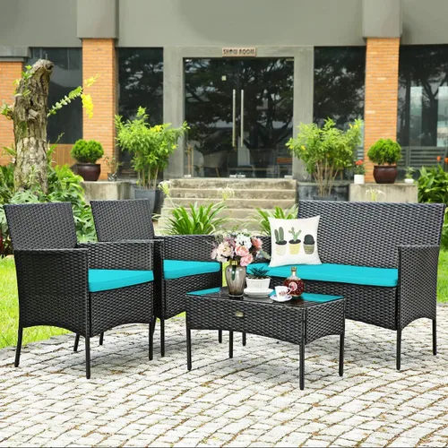 Juego de muebles de patio de 4 piezas, juego de conversación al aire libre con respaldo ergonómico curvo, juego de sillas de patio con cojín Turquesa