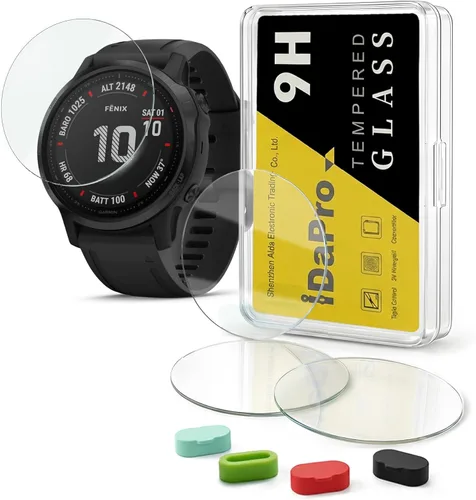 iDaPro Paquete de 4+4 protectores de pantalla para Garmin fenix 6S / 6S Pro / 6S Sapphire GPS 1.654 in smartwatch con tapones antipolvo de silicona,