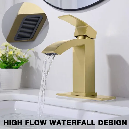 Miniatura 3 de TRUSTMI Grifo de baño de un solo orificio de latón cuadrado de cascada con placa de cubierta de 6 pulgadas y drenaje de desbordamiento, oro cepillado