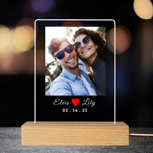Placa de fotos de acrílico LED personalizada, regalos de aniversario personalizados para parejas con nombres grabados, luz nocturna romántica para