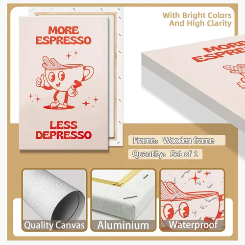 Miniatura 7 de Póster retro con texto en inglés «More Espresso Less Depresso», bonita taza de café de dibujos animados, citas rojas, arte de pared, divertido