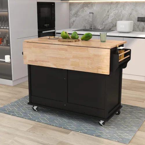 Miniatura 9 de Olela Carrito de isla de cocina con hojas colgantes de madera, mesa de cocina rodante con armario de almacenamiento y toallero, estante ajustable