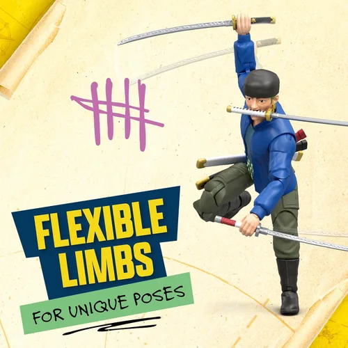 Miniatura 8 de One Piece Zoro - Figura de acción de 6 pulgadas con 5 accesorios. Incluye espadas intercambiables, soporte de espada, cara intercambiable y base