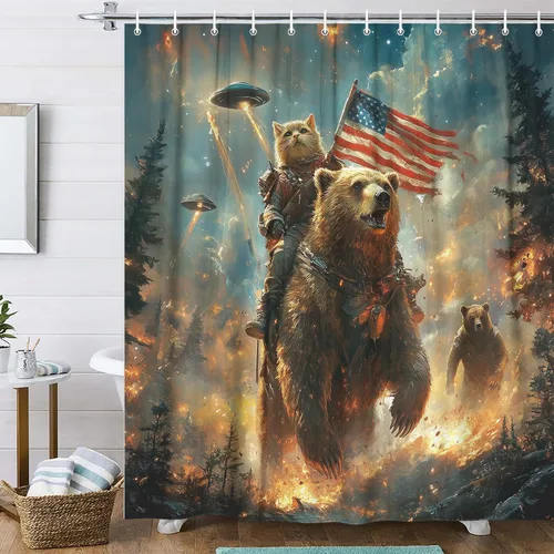 Miniatura 10 de Divertida cortina de ducha con diseño de gato con gorila en la selva, decoración de baño de animales humorísticos en blanco y negro, juego