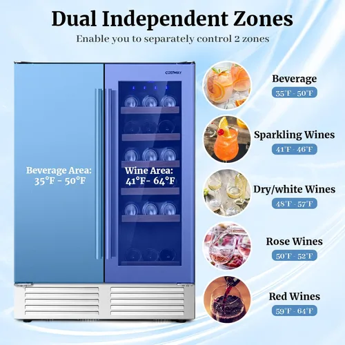 Miniatura 4 de COSTWAY Refrigerador de vino y bebidas, enfriador de bebidas de doble zona de 24 pulgadas con cerradura, puerta de acero inoxidable, refrigerador