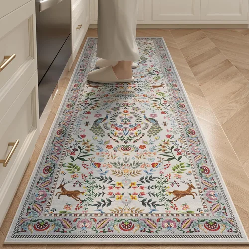 Miniatura 36 de Rugcomf Alfombra de pasillo lavable para cocina 2'6''x8' Alfombra de pasillo para entrada interior floral antideslizante alfombra suave para Azul