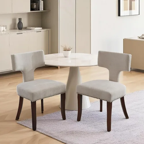Juego de 2 sillas de comedor modernas de mediados de siglo, tapizadas de lino con respaldo curvado y ribete de uñas de cobre, marco de madera dura,