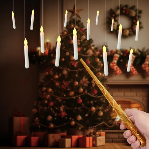 Miniatura 7 de Raycare Velas Flotantes con Varita, 12 Piezas de Velas Colgantes Mágicas Sin Llama, Vela LED Cónica con Luz Cálida Parpadeante y Control Remoto