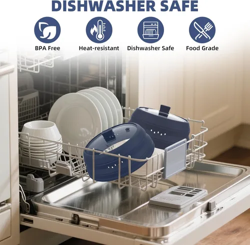 Miniatura 5 de Tapa protectora contra salpicaduras de microondas con protector de vidrio y silicona plegable para platos y ollas de 9.8 pulgadas, color azul oscuro