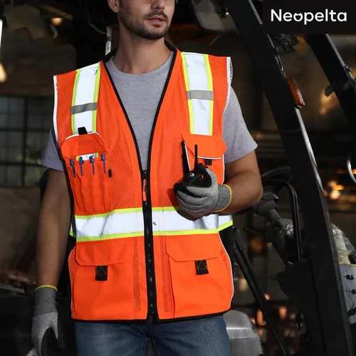Miniatura 6 de Neopelta Chaleco de seguridad reflectante de malla naranja, chaleco resistente con bolsillo para identificación, cuello acolchado, fabricado
