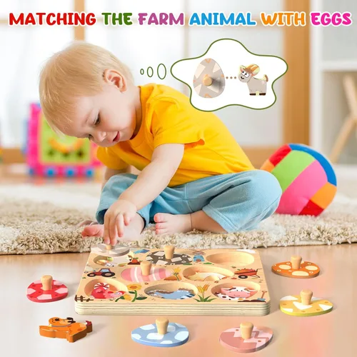 Miniatura 2 de Zeoddler Rompecabezas de madera de Pascua para niños pequeños, 8 piezas de rompecabezas de huevos a juego de animales de granja, juguetes Montessori