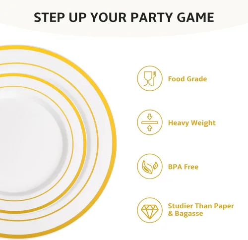 Miniatura 3 de AOZITA Juego de 200 piezas de platos de plástico dorados, platos desechables resistentes para fiesta y boda, incluye 100 platos de cena y 100 platos