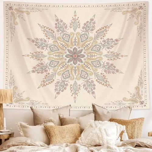 Neasow Tapiz bohemio para colgar en la pared, tapiz floral beige y blanco con estampado de medallón, decoración bohemia para dormitorio, blanco,