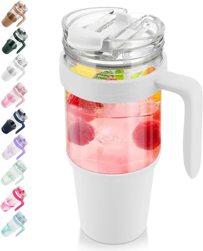 Miniatura 14 de Tronco Vaso de vidrio de 32 onzas con popote y tapa, tapa con popote 2 en 1 a prueba de fugas, botellas de agua de vidrio con asa, apto para Rosa