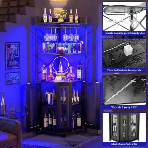 Miniatura 3 de Aheaplus Gabinete Bar de Esquina con Toma de Corriente, Gabinete de Vino Industrial con Tira LED y Portavasos, Gabinetes de Licores de 5 Niveles