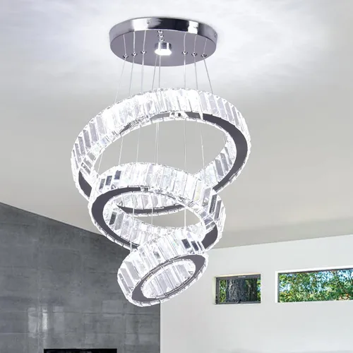 CLAIRDAI Candelabros de Cristal de 3 Anillos Lámpara de Techo LED Candelabro para Techo Alto Candelabros Colgantes para Dormitorio Comedor Sala de