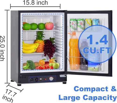 Miniatura 6 de Smad Refrigerador RV de 3 vías de 1.4 pies cúbicos, refrigerador de propano LPG/110V/12V fuera de la red, refrigerador de 3 vías con puerta