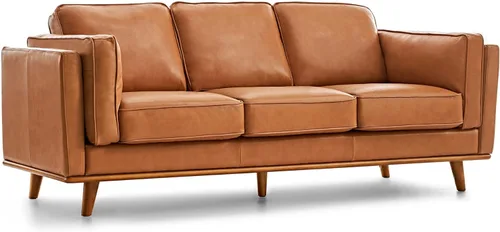 Valencia Artisan - Sofá de cuero completo de 88 pulgadas, sofá de piel de napa italiana pura, acento de madera maciza, máxima comodidad, color Coñac