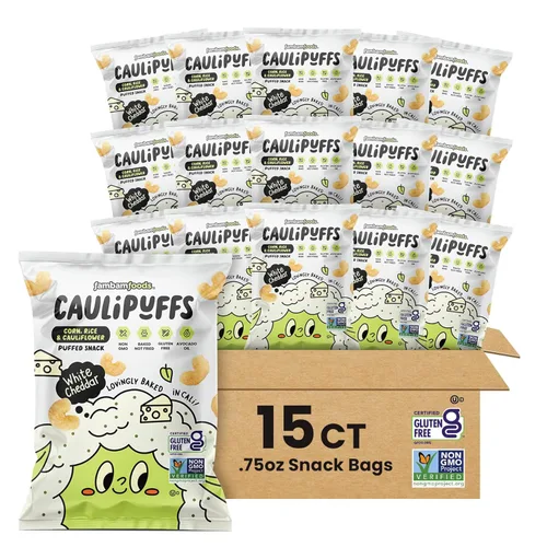 CauliPuffs - Bocadillo inflado sin gluten de maíz, arroz y coliflor (15 bolsas de 0.75 onzas, queso cheddar blanco)